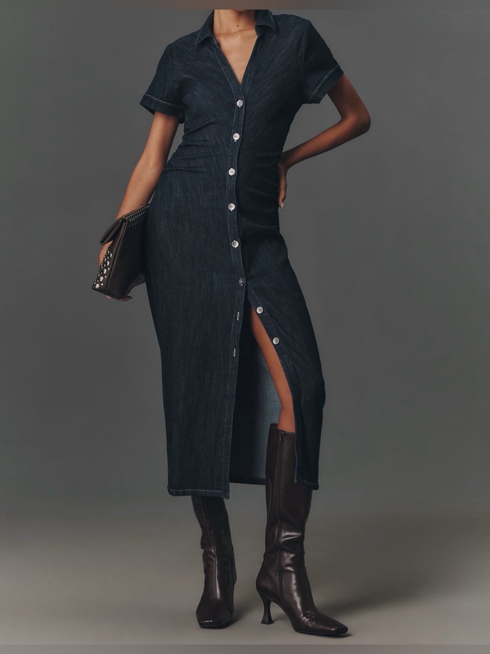 Anthropologie Dark Denim Button-Front Midi Dress